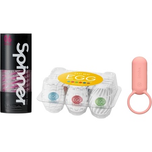 TENGA Spinner + Smart Vibe Ring + Egg Variety Pack | Ultimate Couples Pleasure Bundle – Reusable Spiral Stroker, Vibrating Ring, and Textured Disposable Sleeves