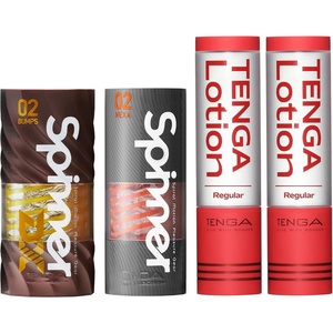 TENGA Spinner Bundle – DX 02 Bumps, 02 Hexa & 2X Lotion – Reusable Spiral Motion Strokers with Moisturizing Lubricant